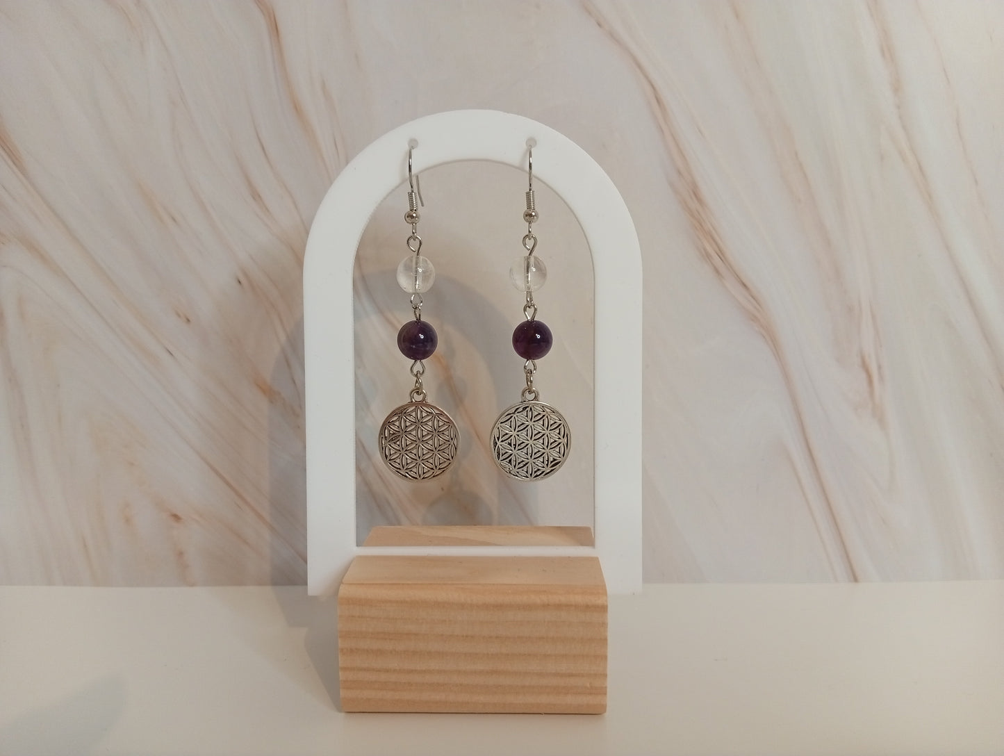 Ohrringe mit Amethyst & Bergkristall – nickelfreie Edelstein-Ohrringe, 5 cm