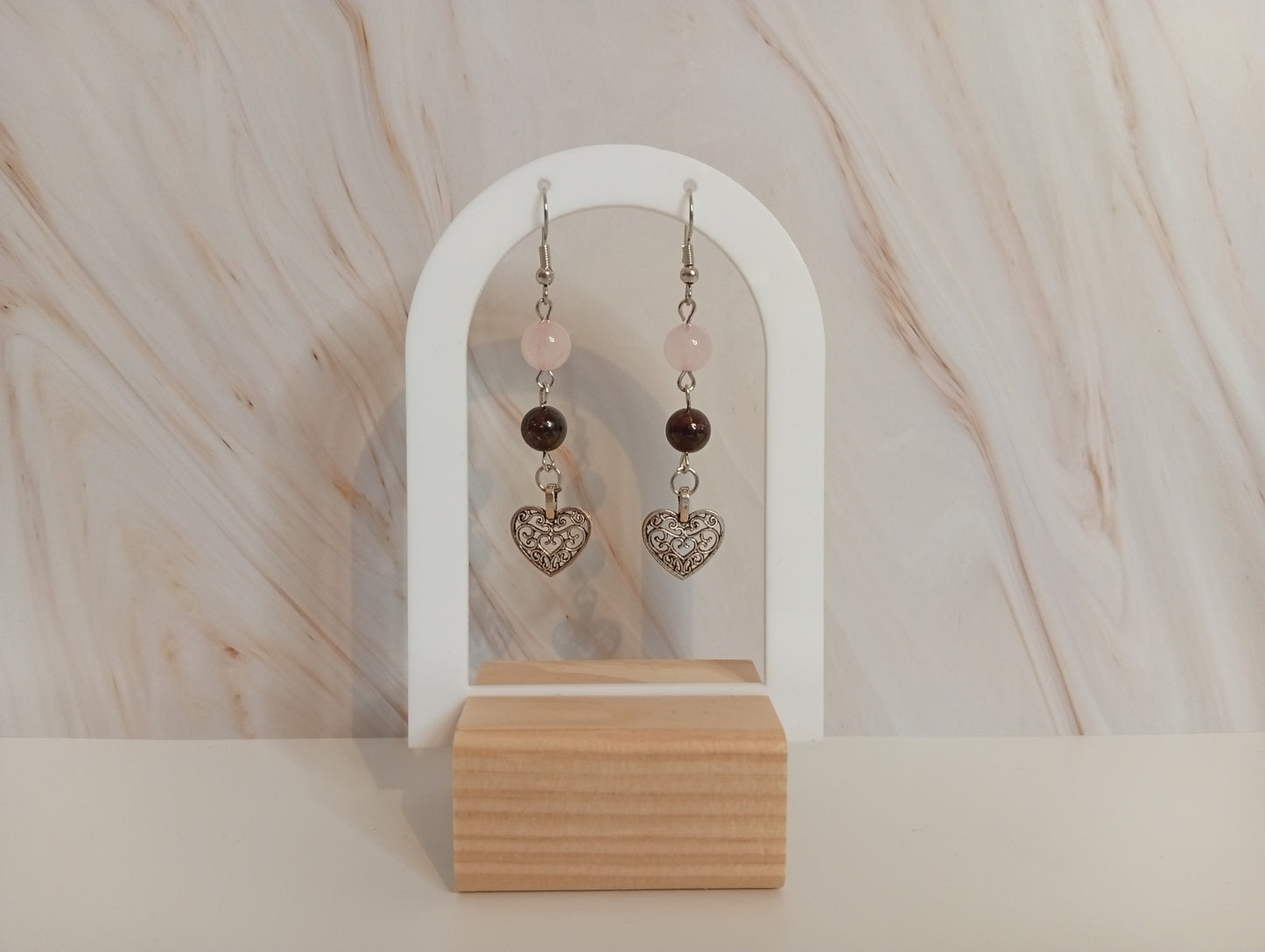 Ohrringe mit Granat & Rosenquarz – nickelfreie Edelstein-Ohrringe, 5 cm