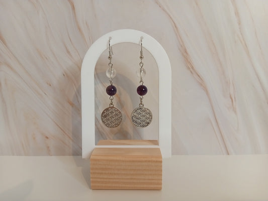 Ohrringe mit Amethyst & Bergkristall – nickelfreie Edelstein-Ohrringe, 5 cm