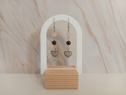 Ohrringe mit Granat & Rosenquarz – nickelfreie Edelstein-Ohrringe, 5 cm